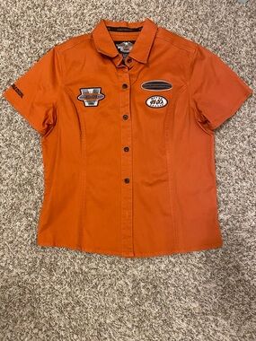 Harley- Davidson Orange Short-Sleeve Button-Up Shirt with Patches